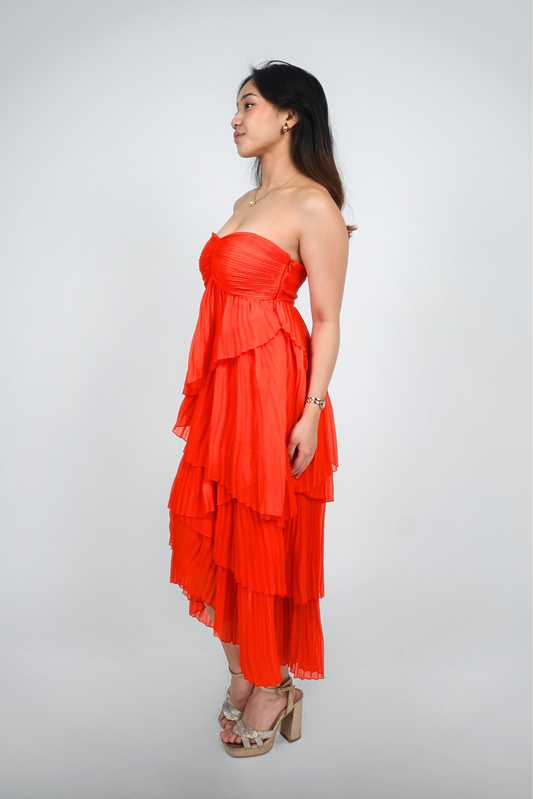 Orange Strapless Pleated Midi