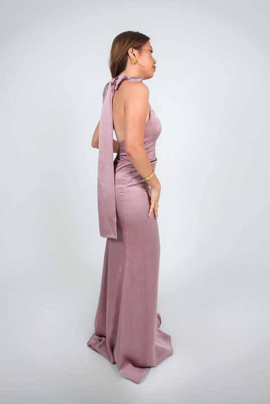 Mauve Halter Satin Floor-Length Gown