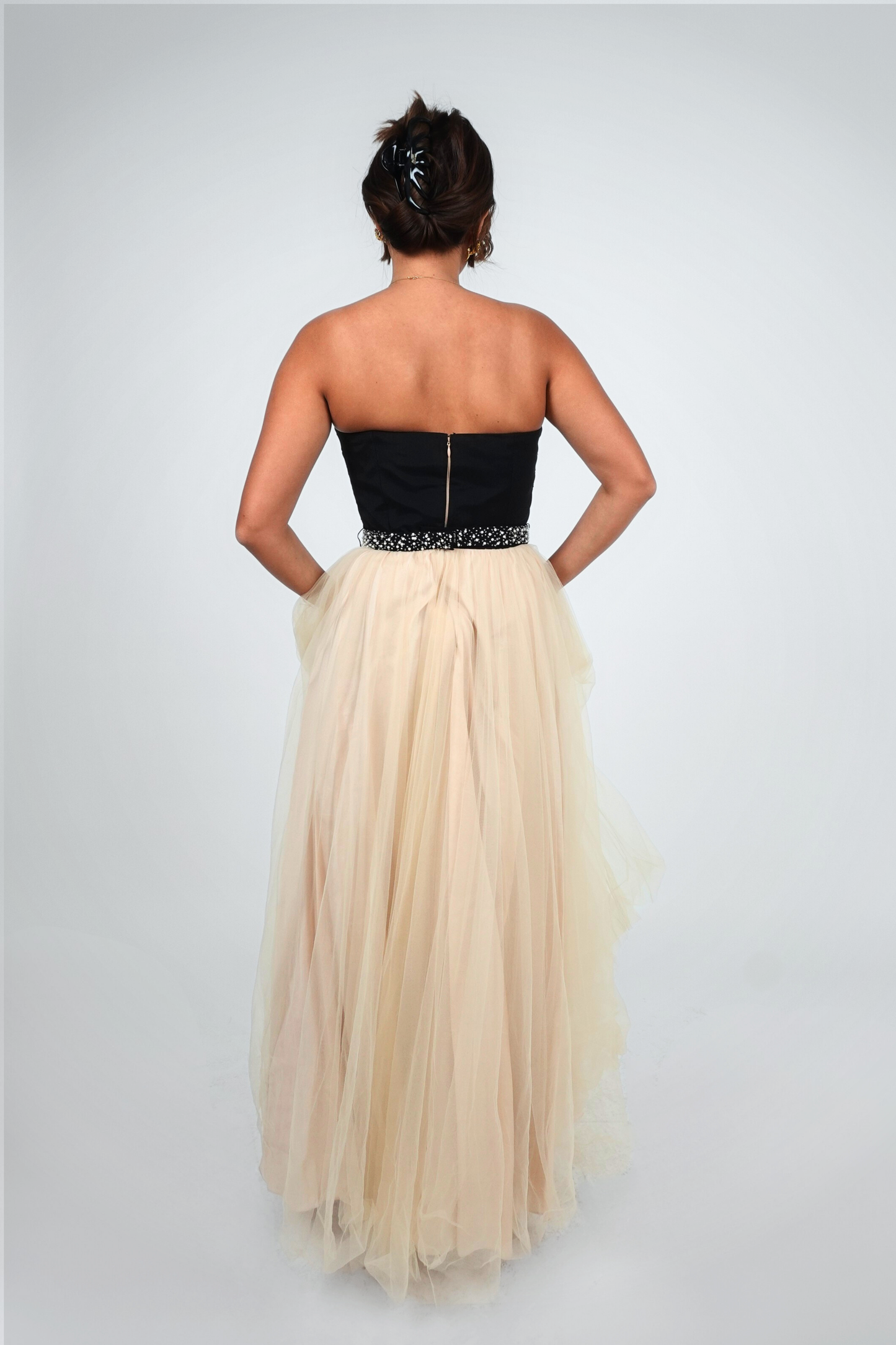 Black and Champagne Strapless Tulle Gown