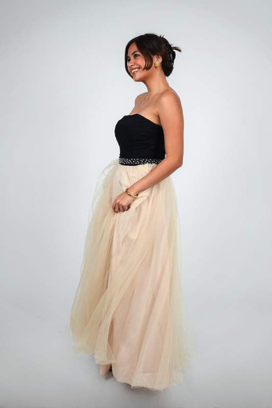 Black and Champagne Strapless Tulle Gown