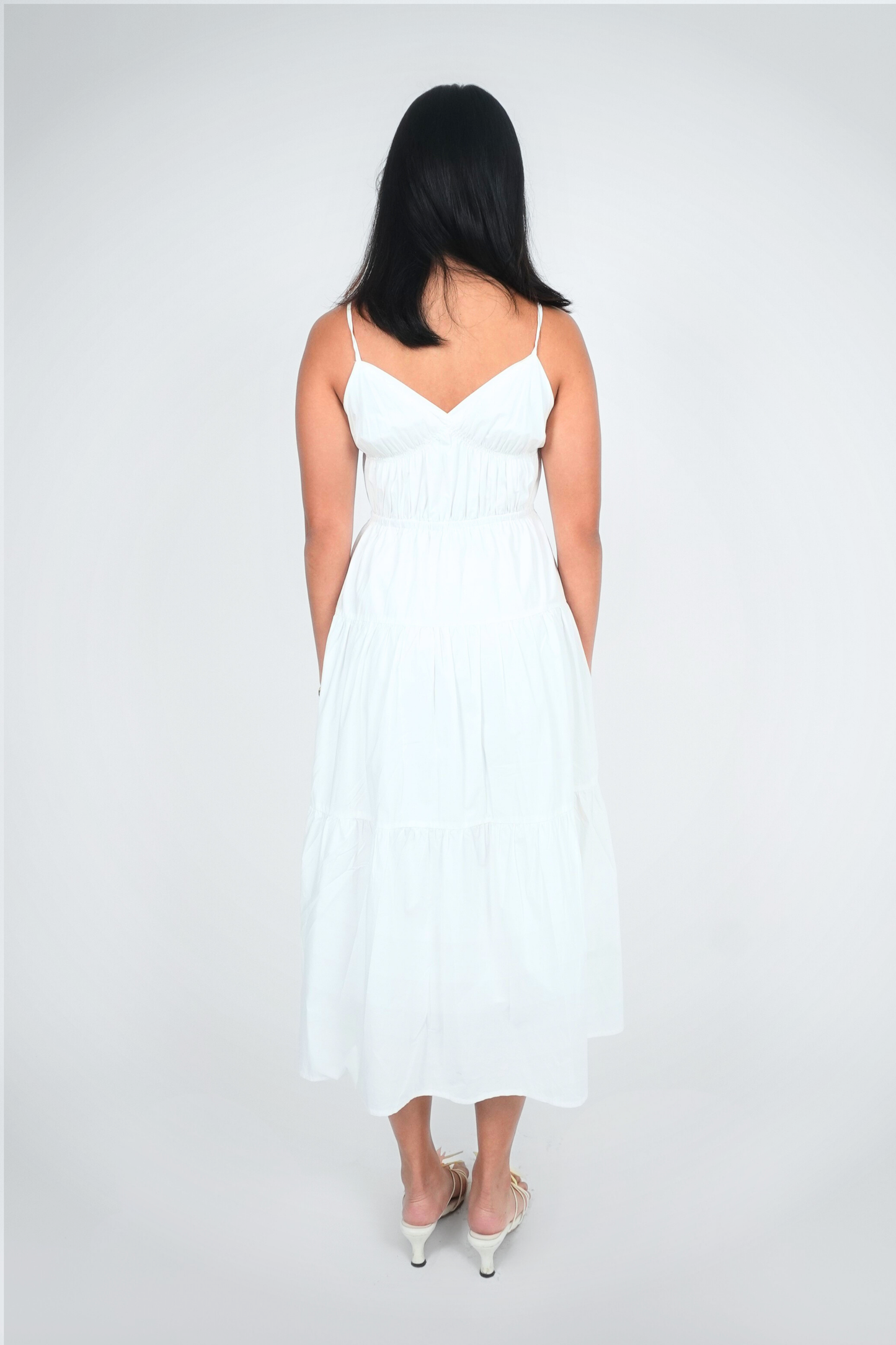 White Tiered Spaghetti Strap Midi