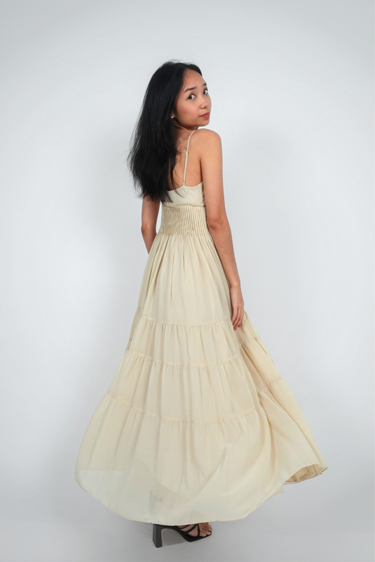 Beige Pleated Spaghetti Strap Maxi