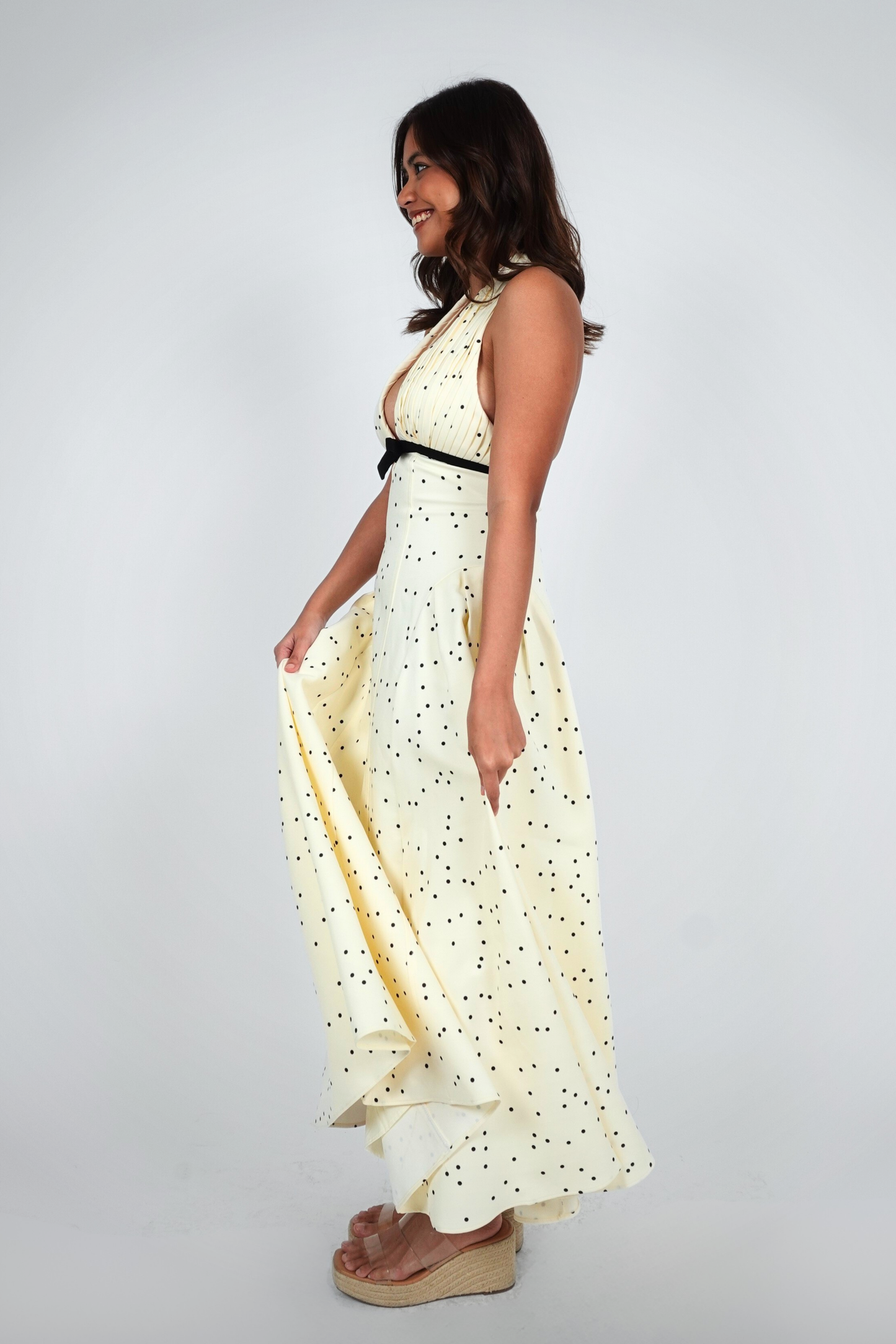 Cream Polka Dot Halter Maxi