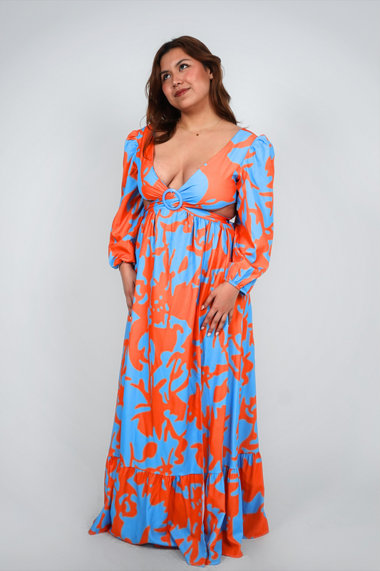 Orange and Blue Long-Sleeve Printed Cut-Out Maxi
