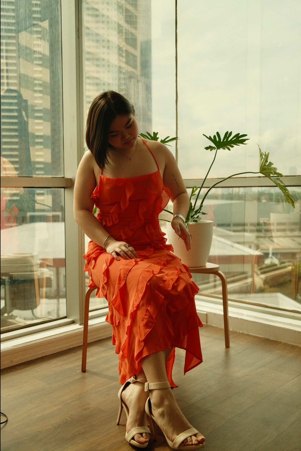 Orange Spaghetti Strap Ruffle Maxi