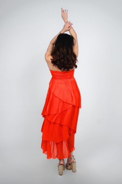 Red Strapless Pleated Midi