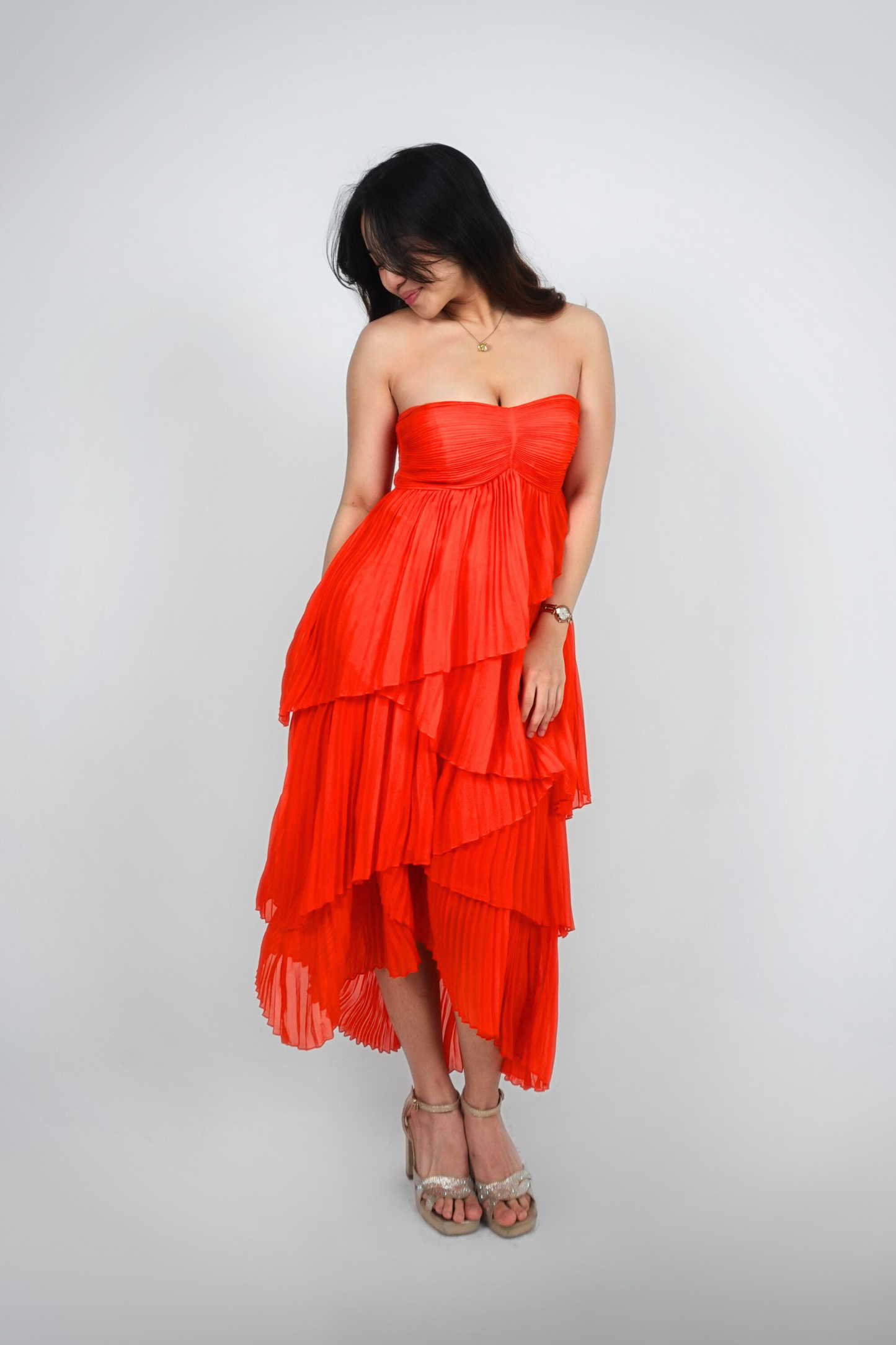 Red Strapless Pleated Midi