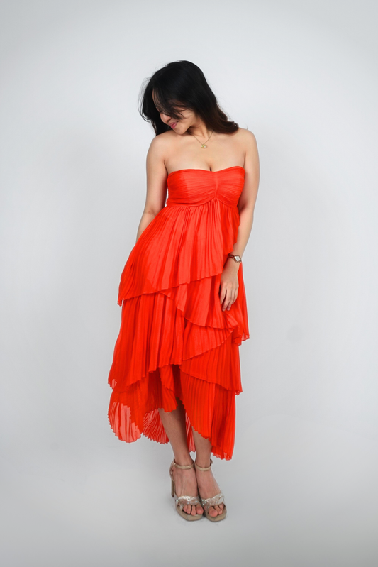 Red Strapless Pleated Midi