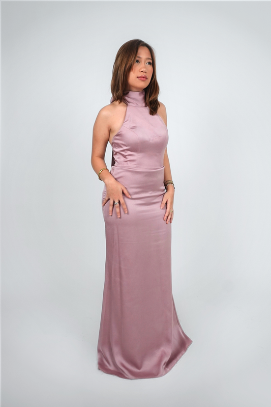 Mauve Halter Satin Floor-Length Gown