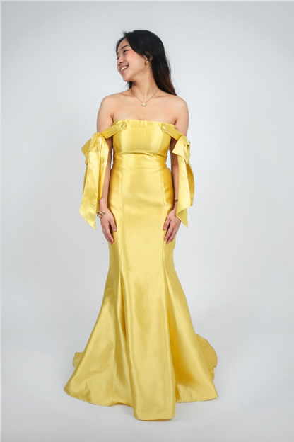 Yellow Ribbon Off-Shoulder Floor-Length Gown