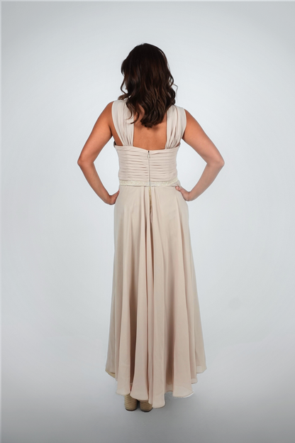 Beige Halter Beaded Floor-Length Gown