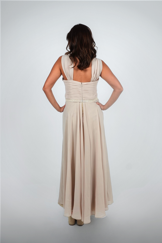 Beige Halter Beaded Floor-Length Gown