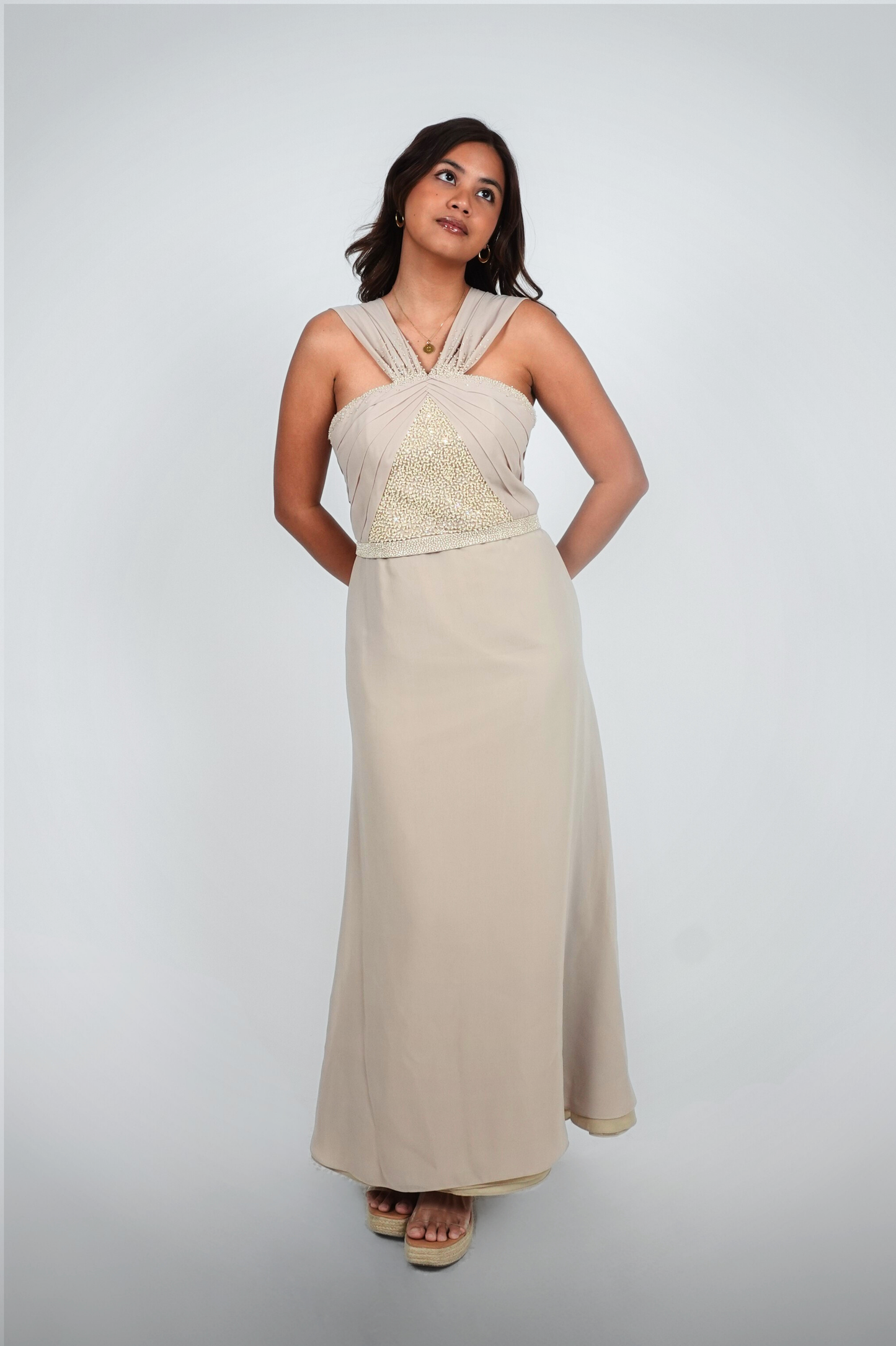 Beige Halter Beaded Floor-Length Gown