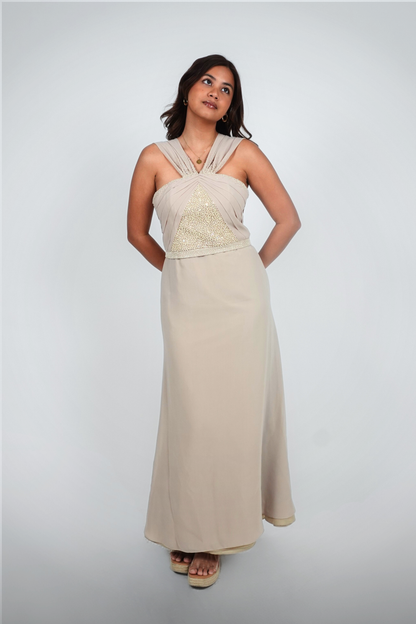Beige Halter Beaded Floor-Length Gown