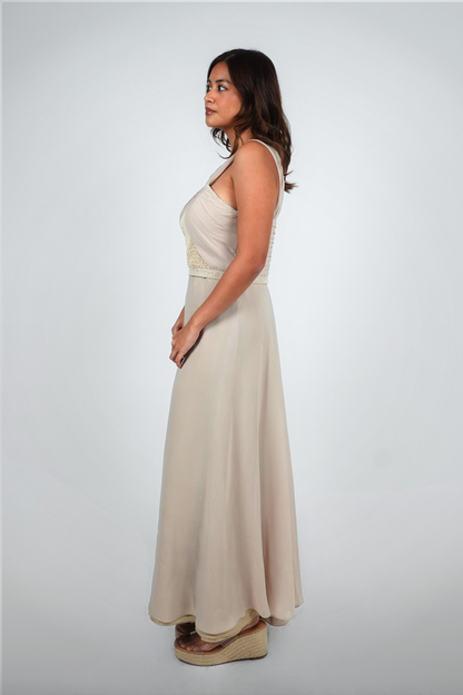 Beige Halter Beaded Floor-Length Gown