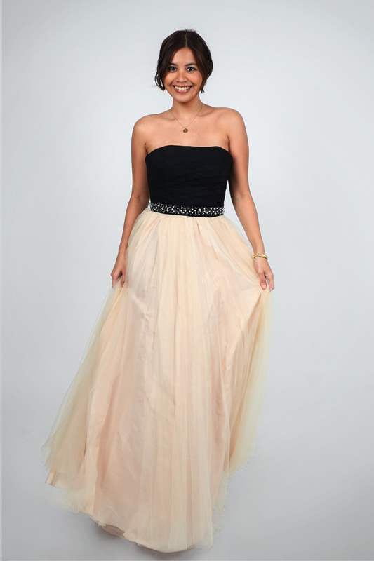 Black and Champagne Strapless Tulle Gown