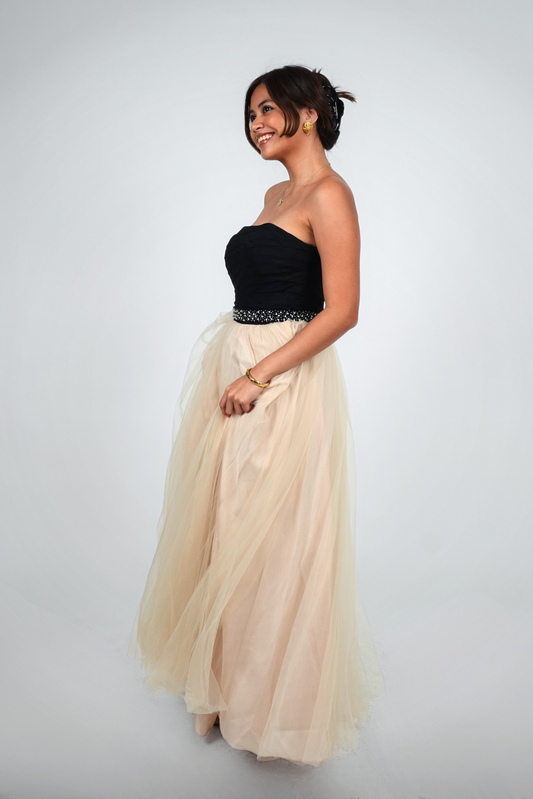 Black and Champagne Strapless Tulle Gown