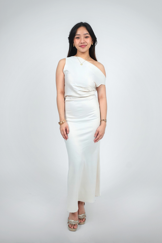 White One-Shoulder Drape Maxi Dress