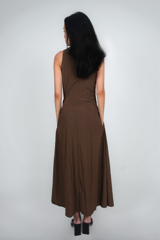 Brown Sleeveless V-Neck Knot Maxi Dress