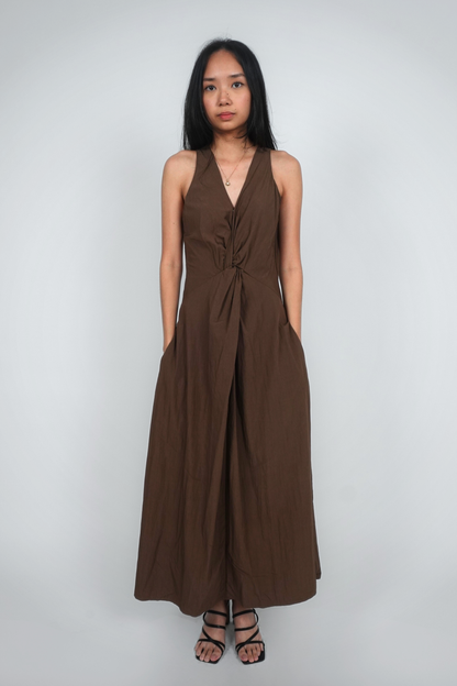 Brown Sleeveless V-Neck Knot Maxi Dress