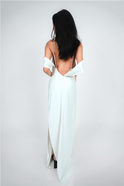 White Drape-Shoulder Maxi