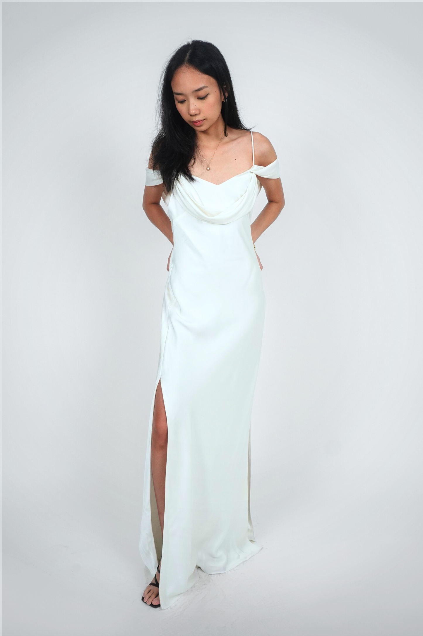 White Drape-Shoulder Maxi