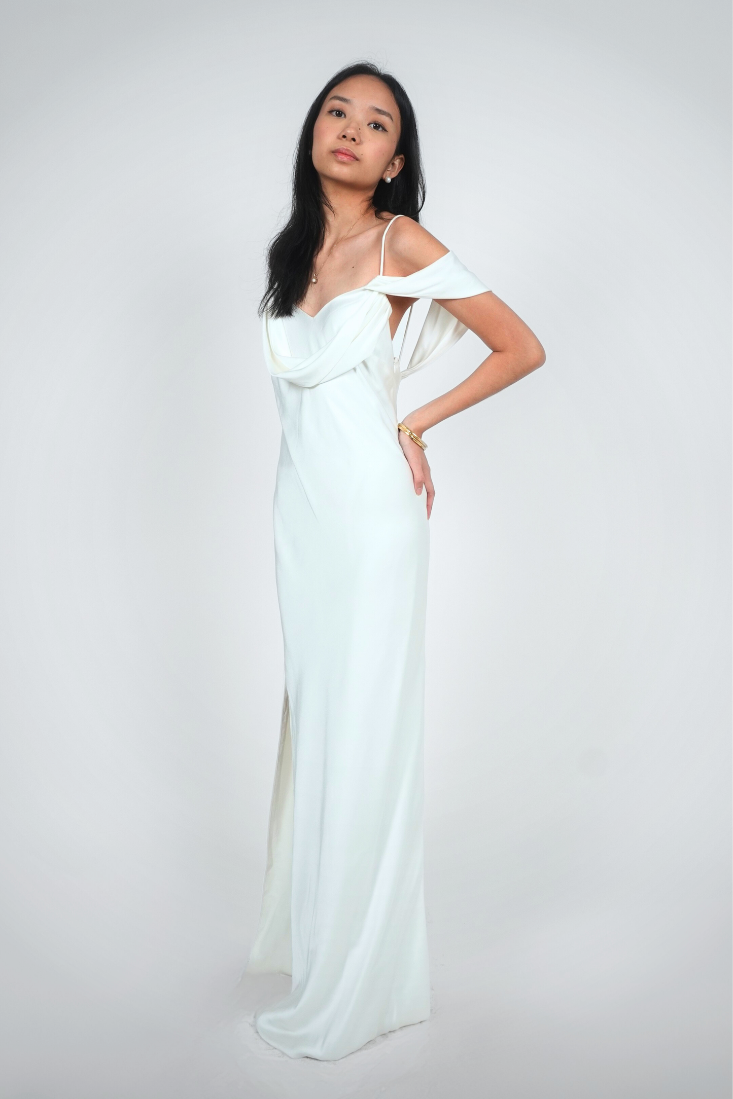 White Drape-Shoulder Maxi