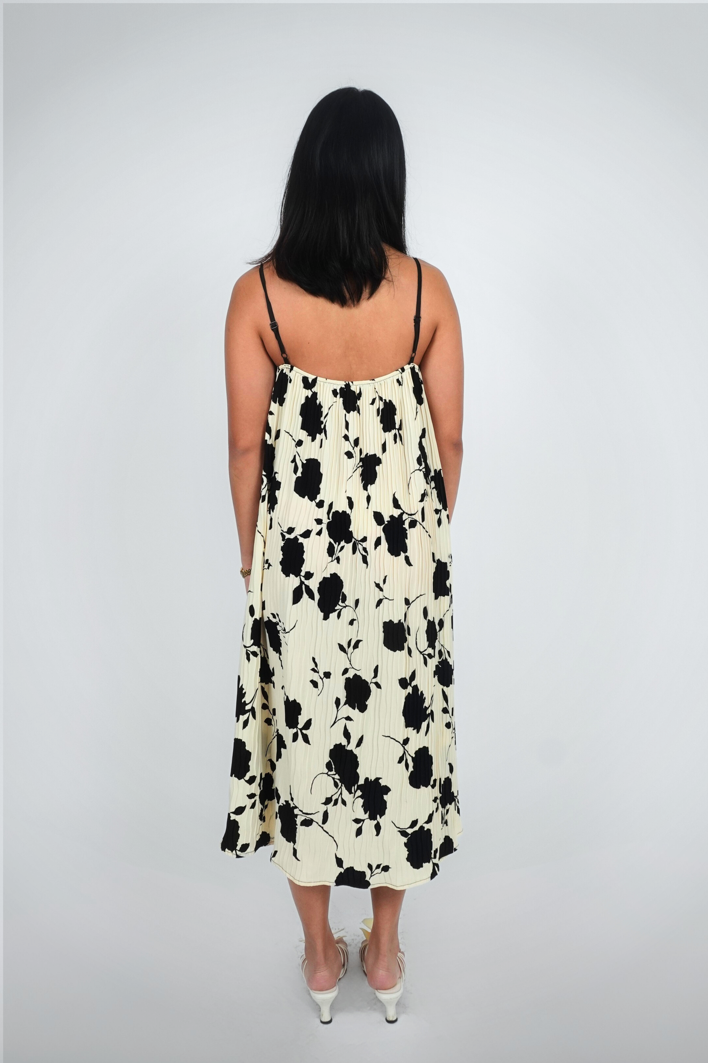 Black and Cream Sleeveless Floral Midi