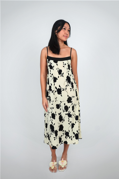 Black and Cream Sleeveless Floral Midi