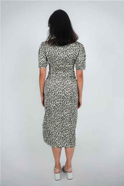 Black and White Print Puff-Sleeve Midi