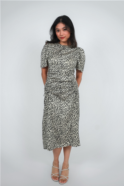 Black and White Print Puff-Sleeve Midi