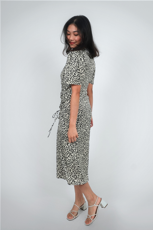 Black and White Print Puff-Sleeve Midi