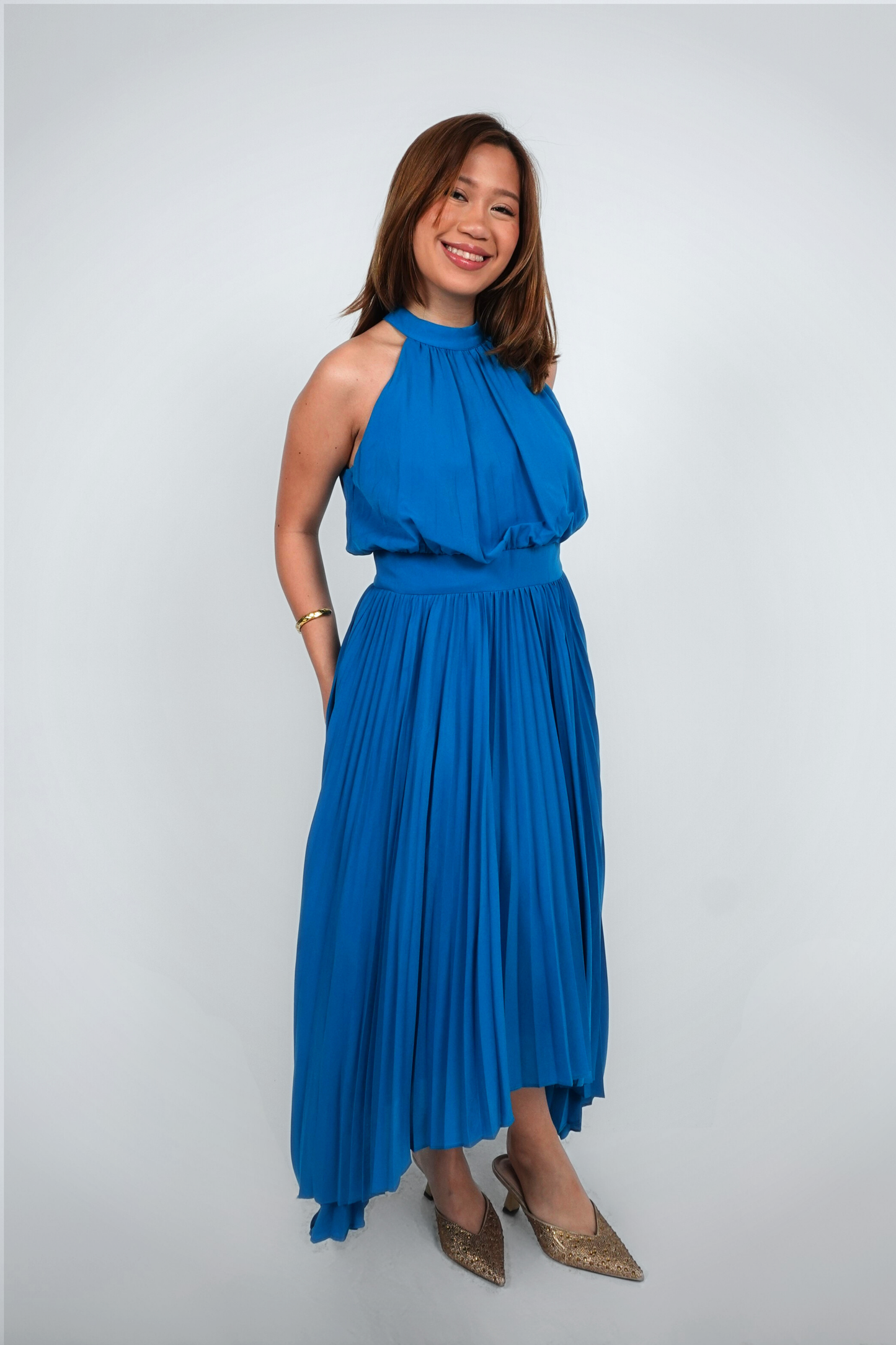 Blue Halter Pleated Midaxi