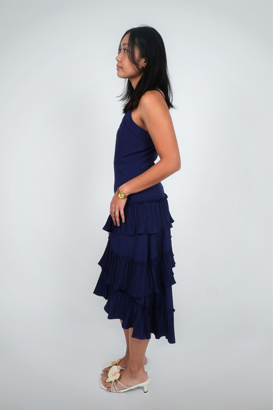 Navy Tiered Spaghetti Strap Midi