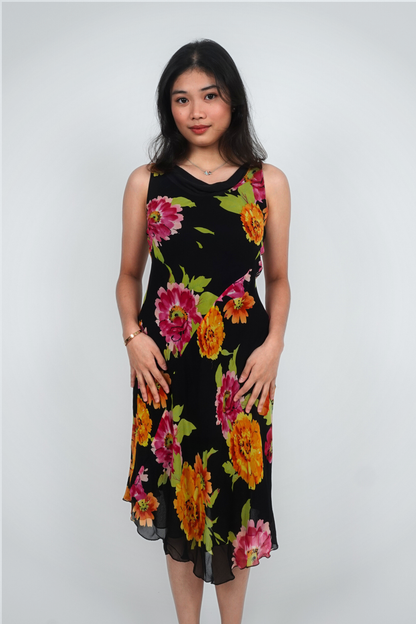 Black Asymmetrical Floral Midi
