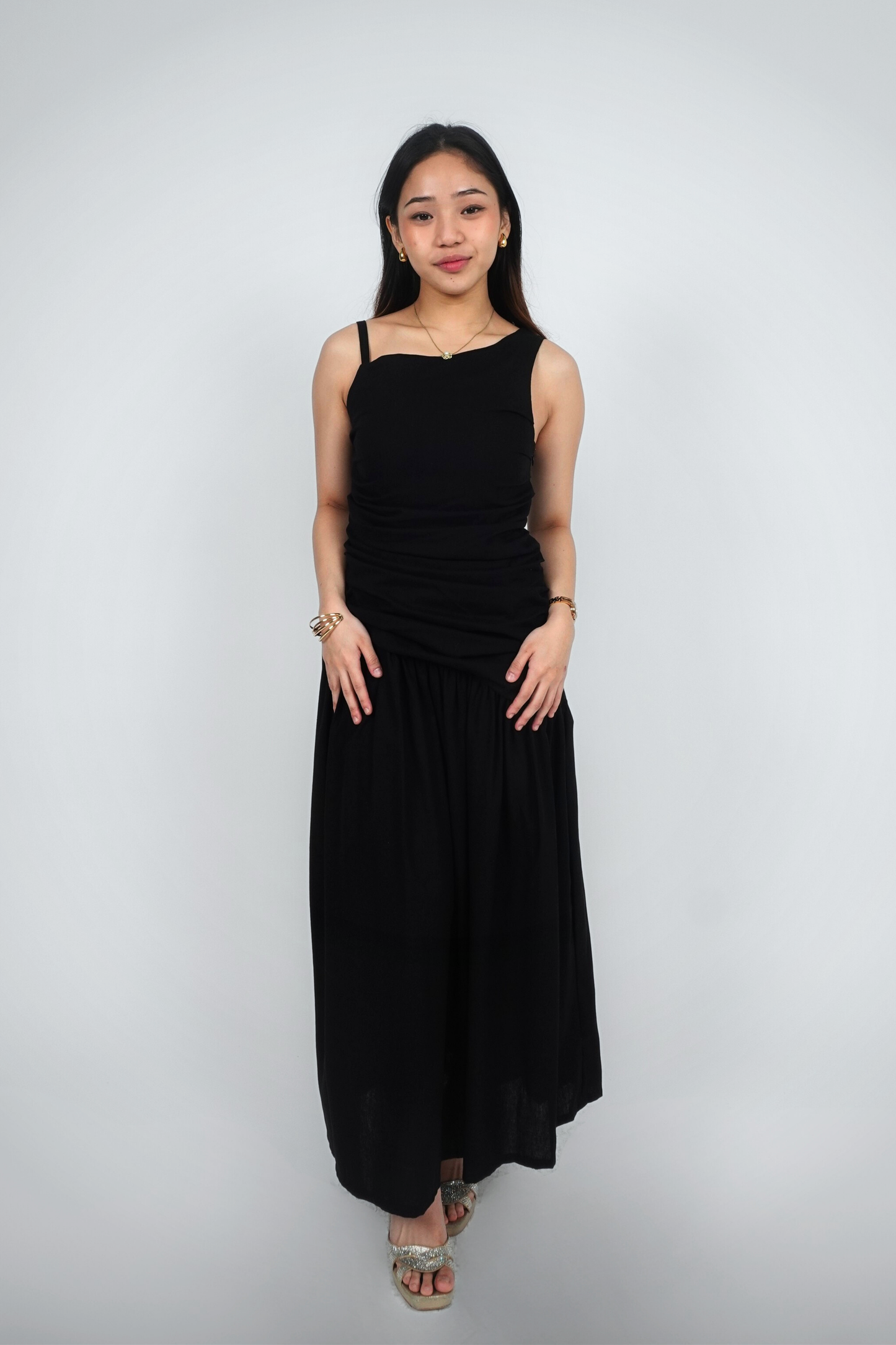 Black Ruched Spaghetti Strap Maxi