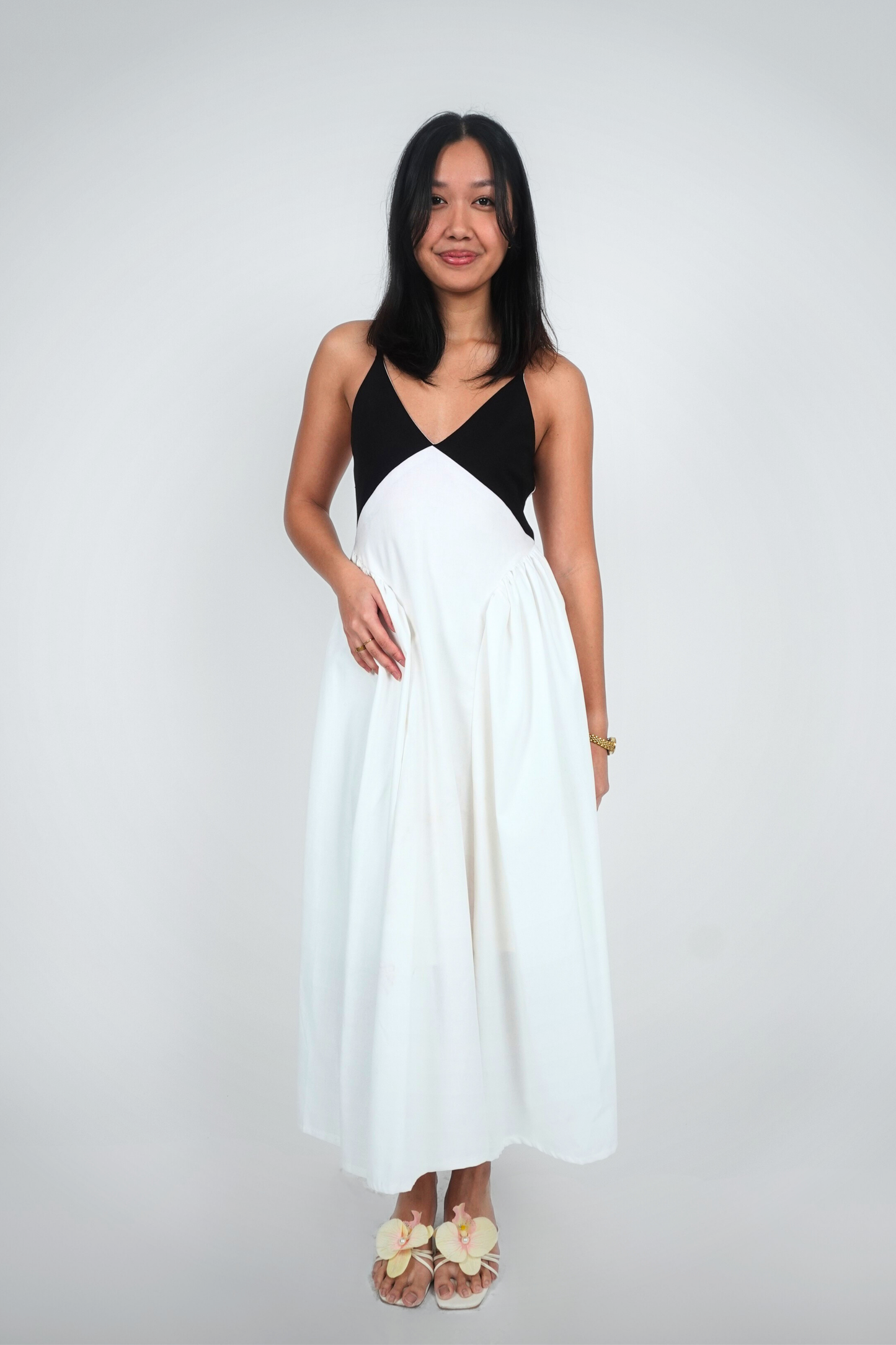 Black and White Spaghetti Strap V-Neck Maxi