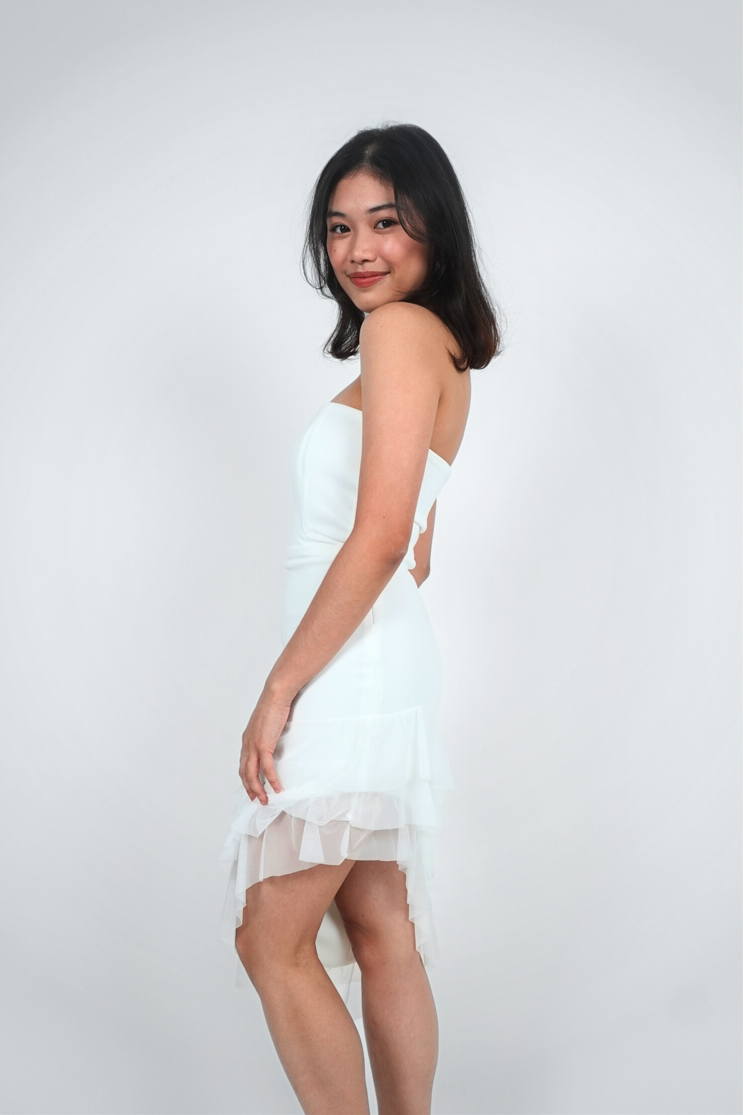 White Strapless Ruffle Mini
