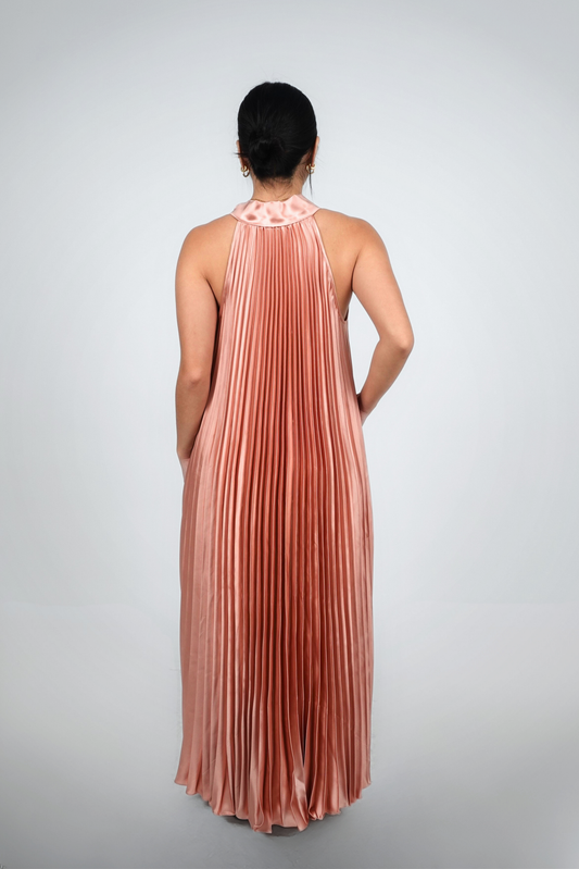 Coral Halter Pleated Maxi