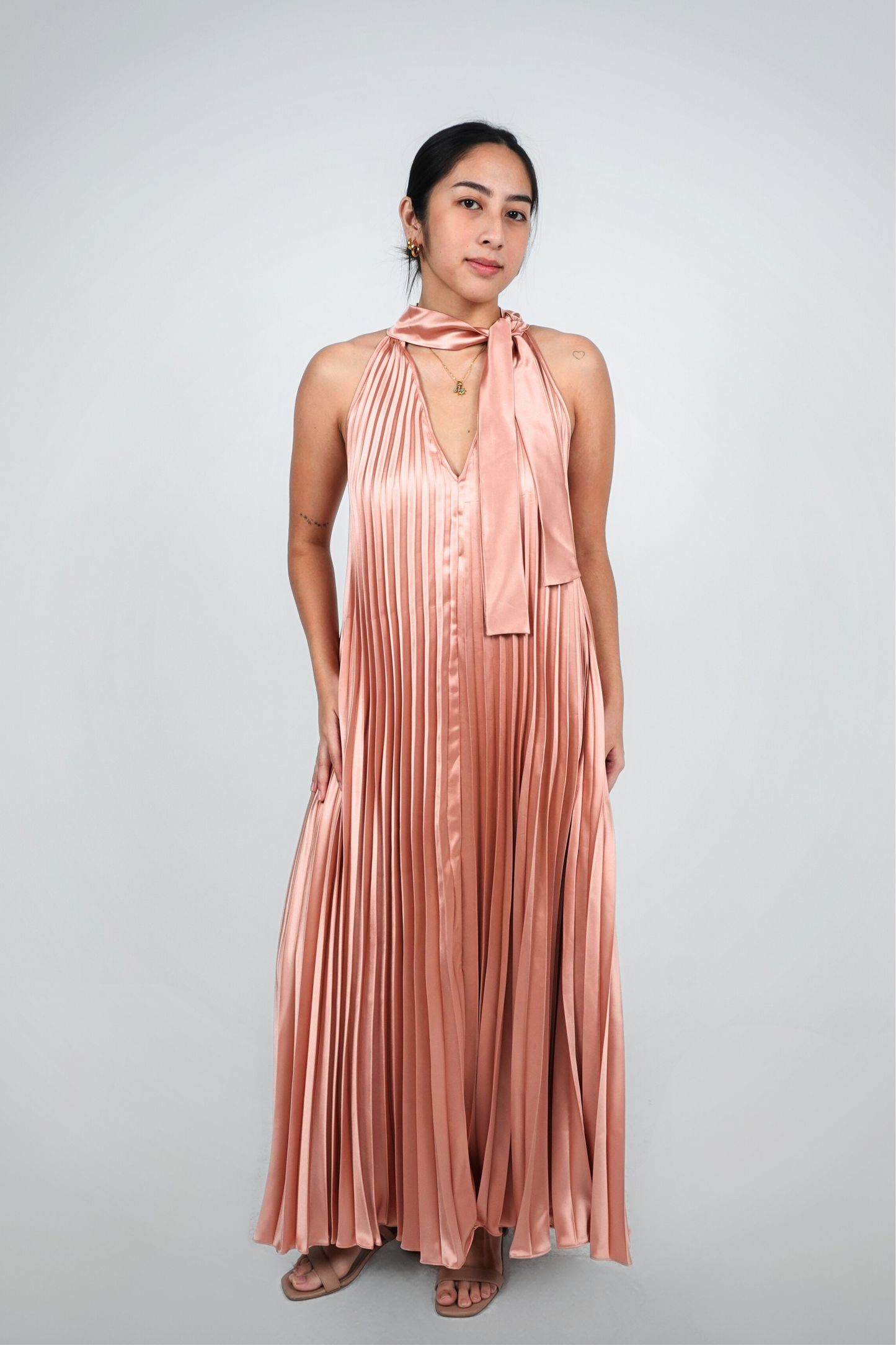 Coral Halter Pleated Maxi