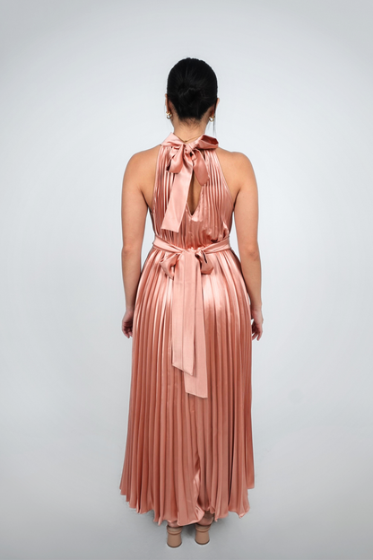Coral Halter Pleated Maxi