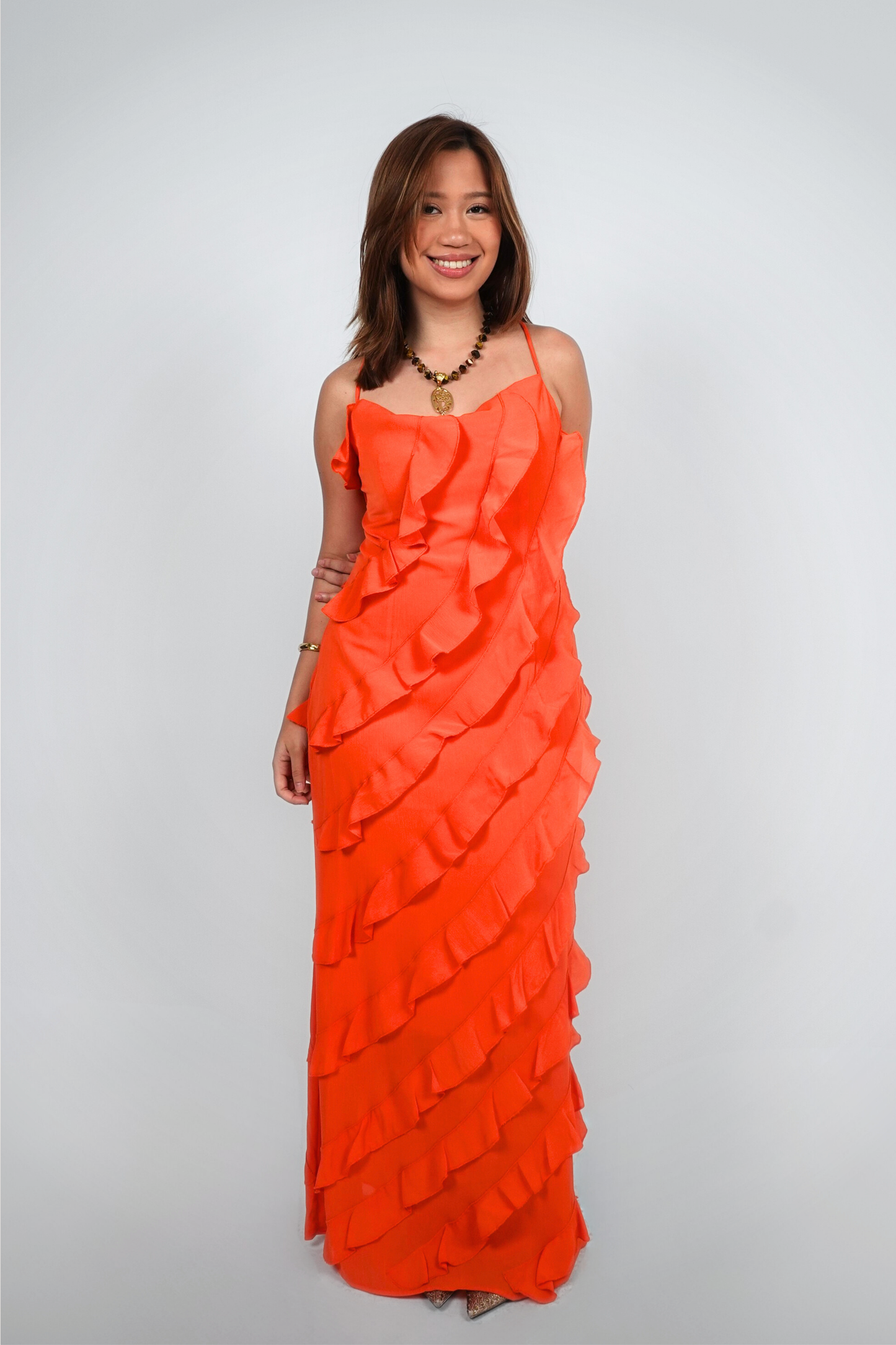 Orange Spaghetti Strap Ruffle Maxi