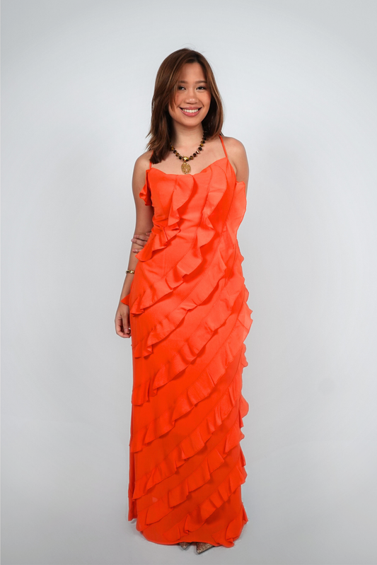 Orange Spaghetti Strap Ruffle Maxi