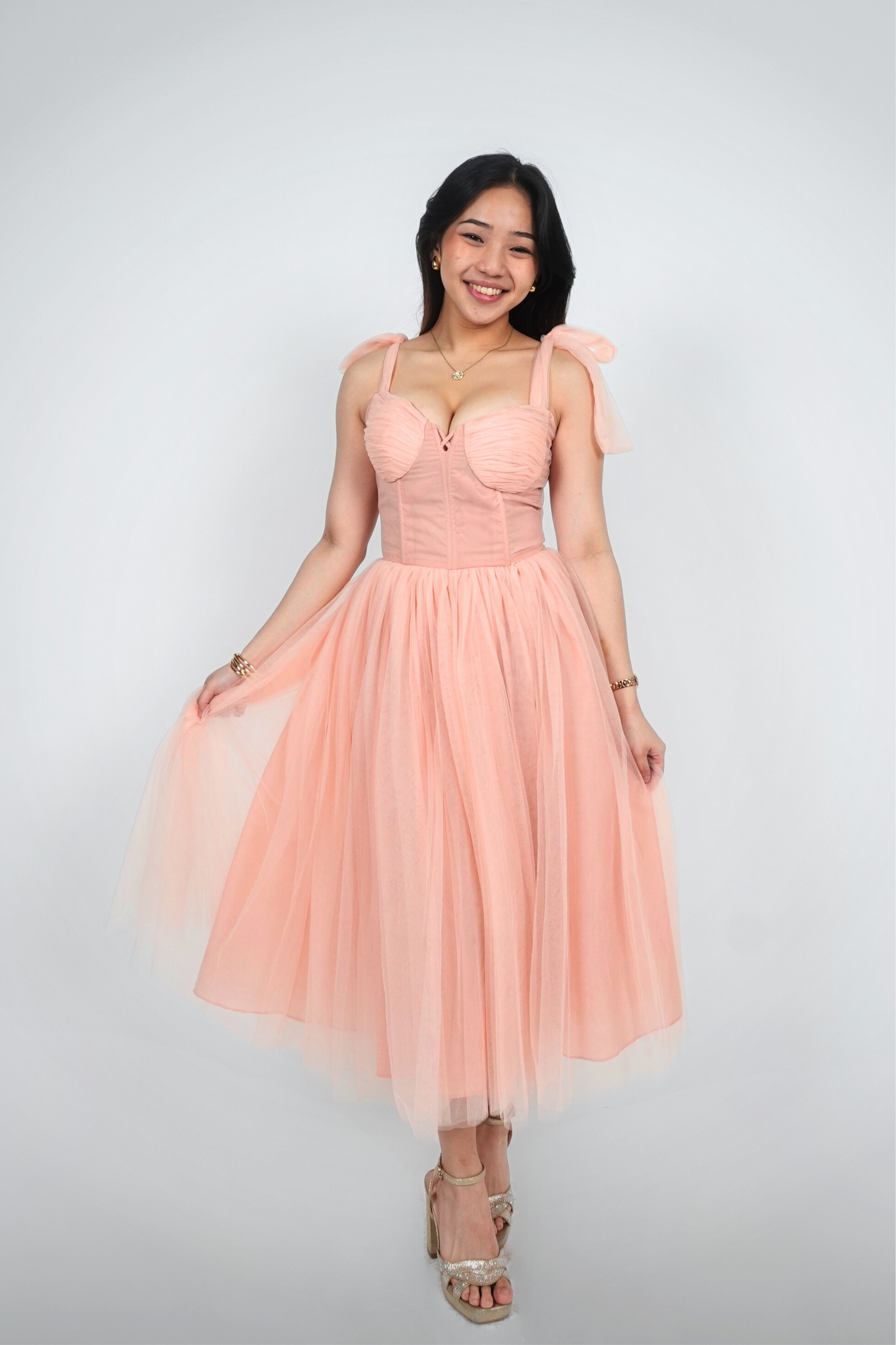 Blush Ribbon Straps Tulle Midi