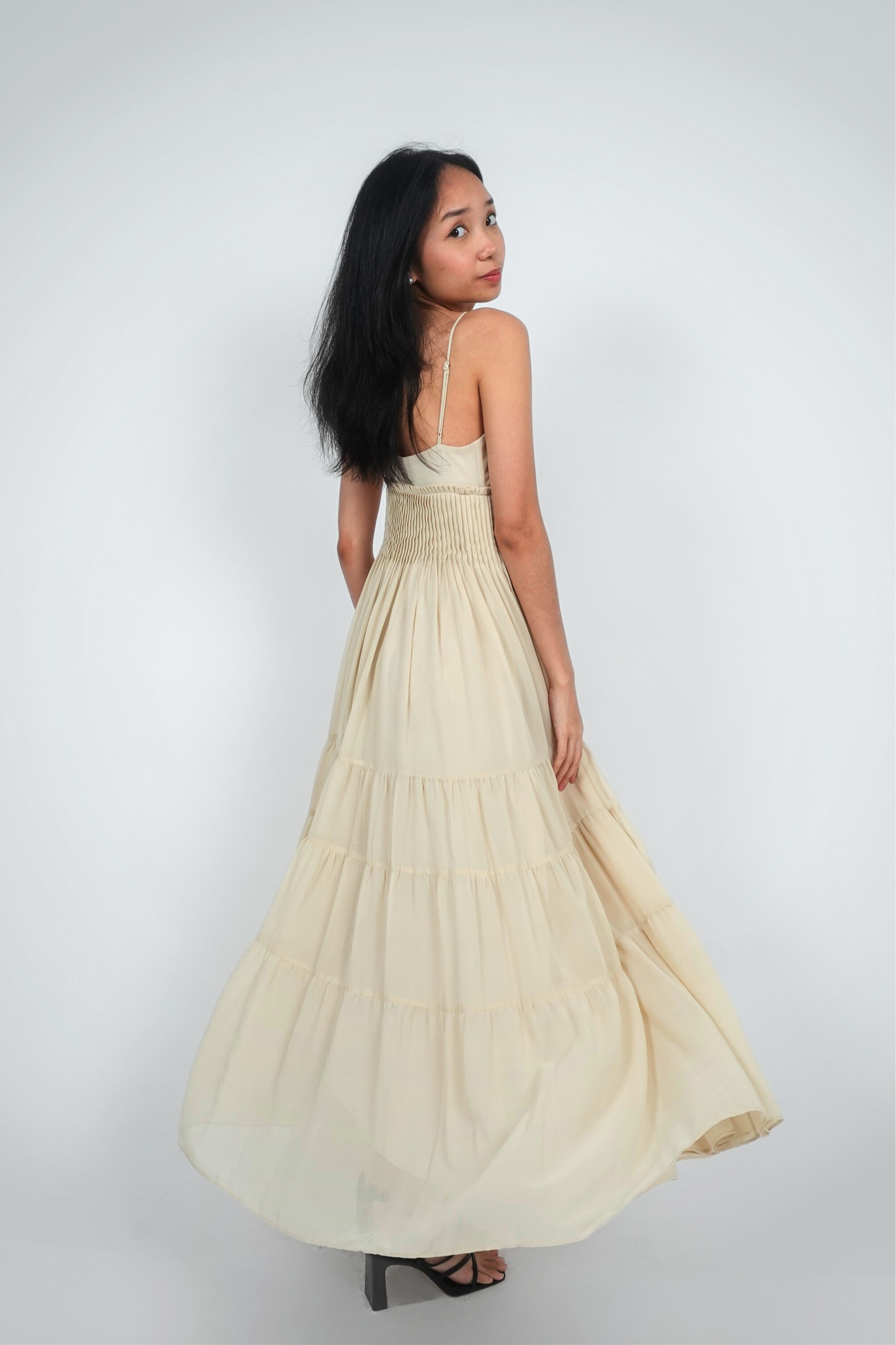 Beige Pleated Spaghetti Strap Maxi