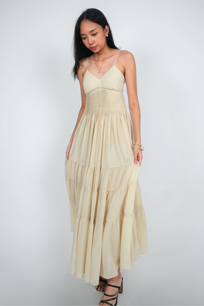 Beige Pleated Spaghetti Strap Maxi