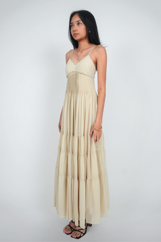 Beige Pleated Spaghetti Strap Maxi
