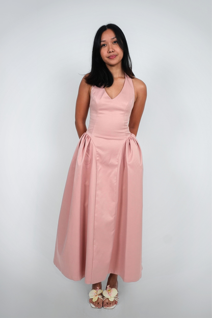 Pink Halter Drop Waist Pannier Maxi