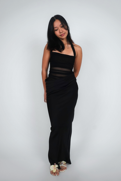 Black Sheer-Bodice Halter Maxi