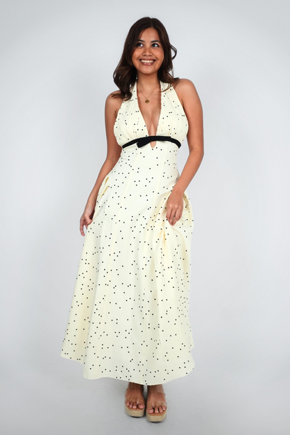 Cream Polka Dot Halter Maxi